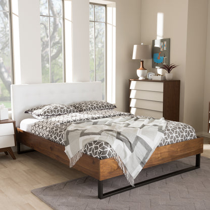 Mitchell Platform Bed - Rustic Industrial Walnut Wood with White Faux Leather and Dark Bronze Metal