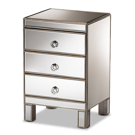 Ewan Glam Luxe Mirrored End Table with 3 Drawers for Contemporary Living Room Decor