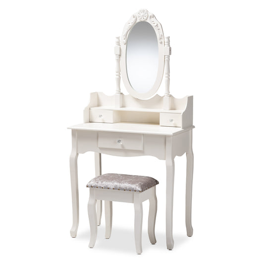 Veronique 2-Piece Vanity Set Traditional French Provincial White Wood Vanity Table with Mirror and Matching Ottoman for Elegant Bedroom Decor