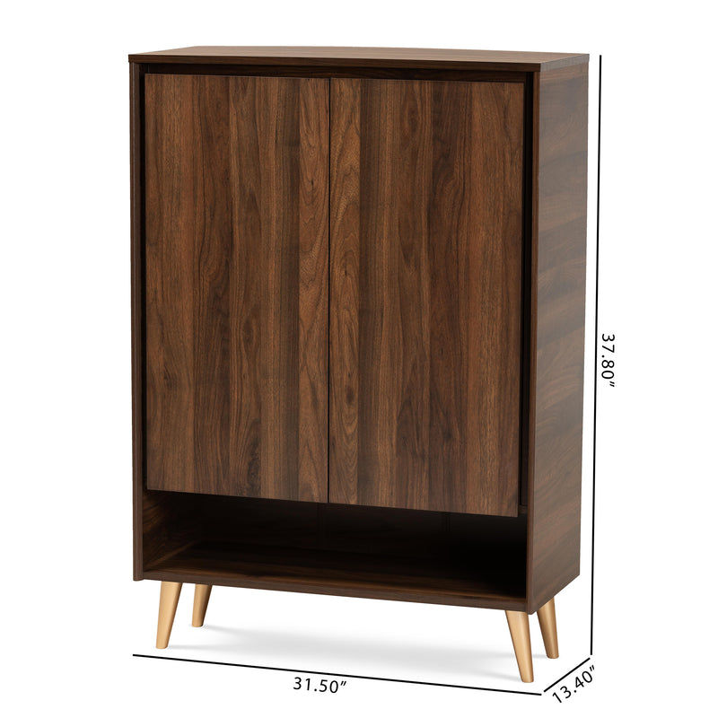 Landen Shoe Storage Cabinet Mid-Century Modern Walnut Brown and Gold Finish with 2 Doors for Entryway Organization