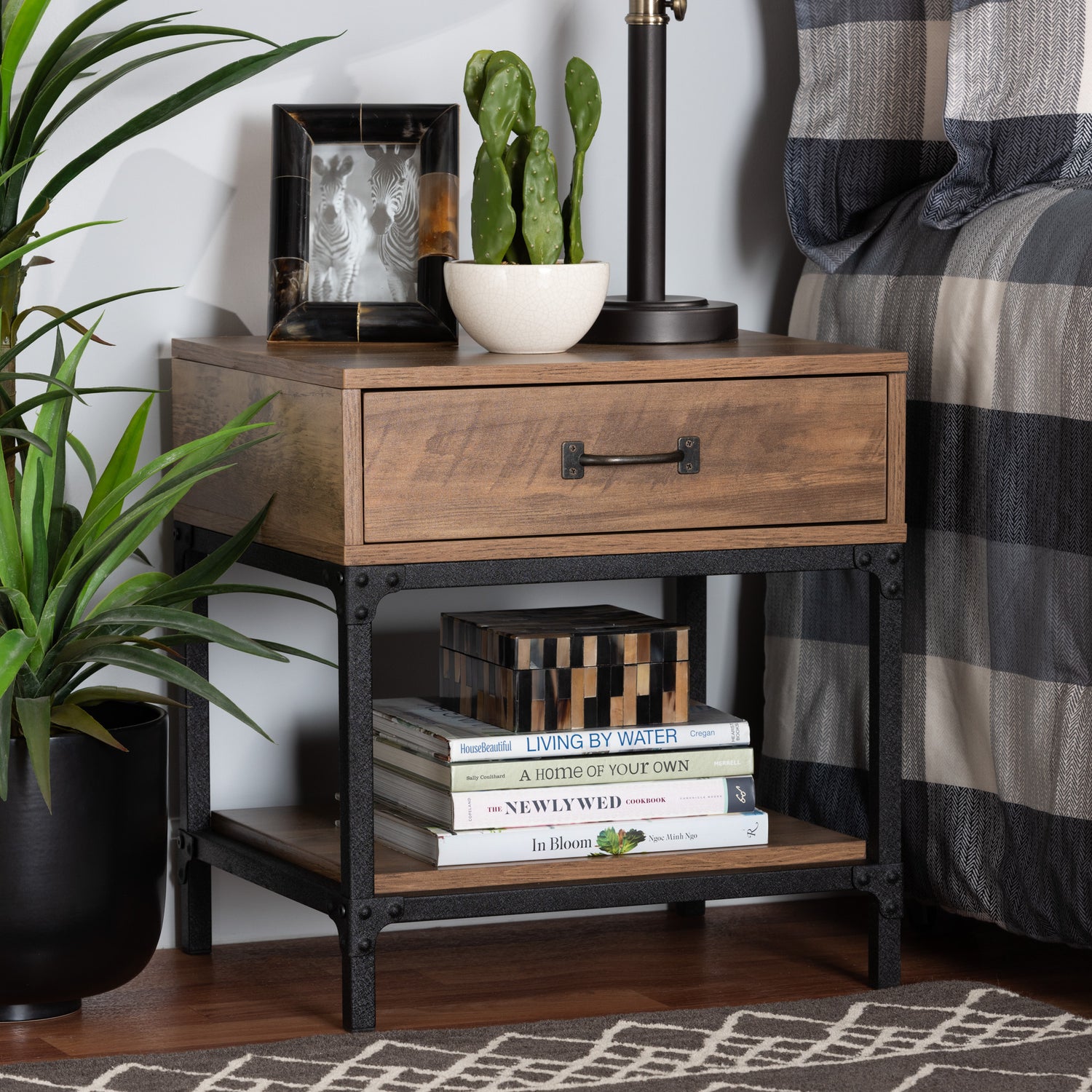 Norwood End Table Modern Industrial Design Walnut Brown Wood Black Metal 1 Drawer for Storage