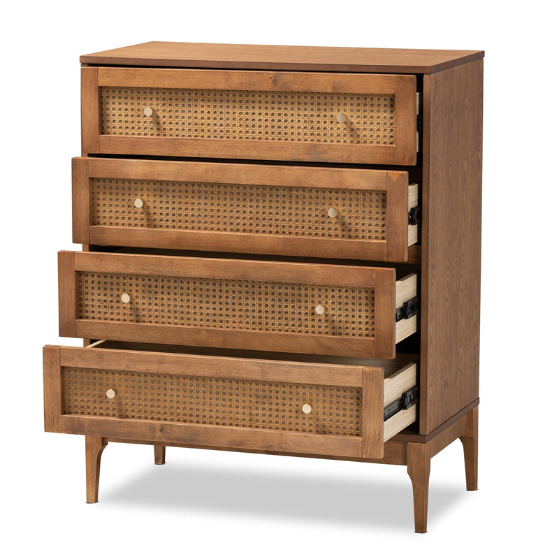 Ramiel Mid-Century Modern 4-Drawer Chest in Ash Walnut with Rattan Accents - Stylish Storage for Bedroom or Living Room