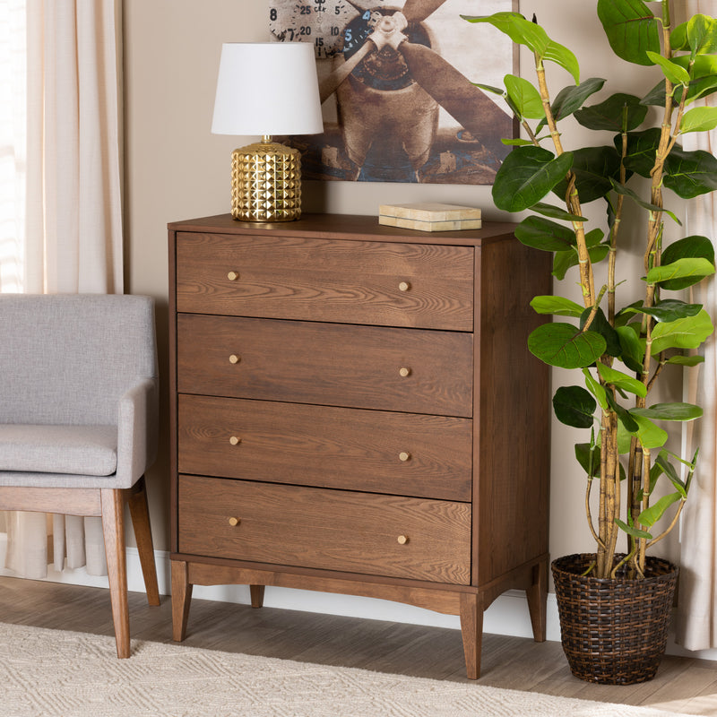 Landis Mid-Century Modern 4-Drawer Chest in Ash Walnut Finish - Stylish Storage for Bedroom or Living Room