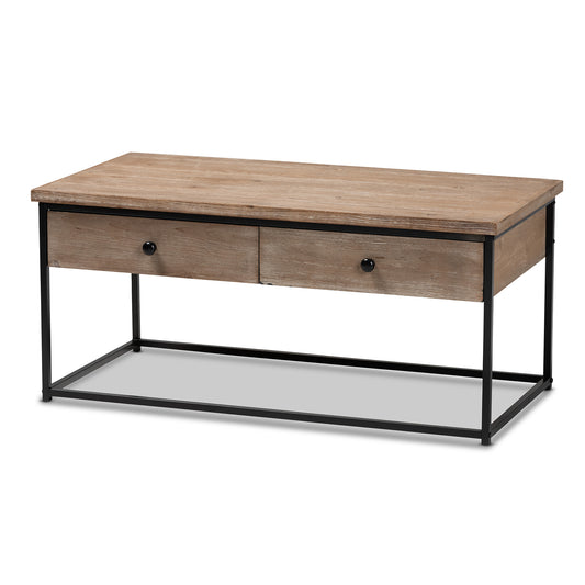 Roderick Coffee Table Modern Contemporary Design Weathered Oak Finish Black Metal Accents with 2 Storage Drawers