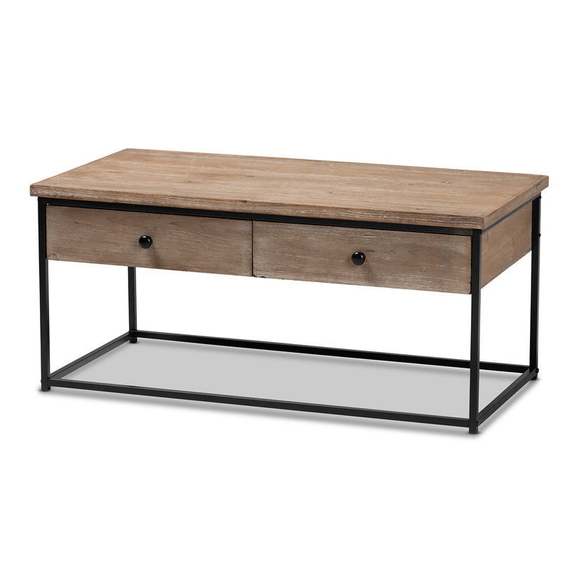 Roderick Coffee Table Modern Contemporary Design Weathered Oak Finish Black Metal Accents with 2 Storage Drawers