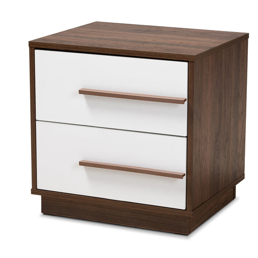 Mette Mid-Century Modern Nightstand - Two-Tone White and Walnut 2-Drawer Wood Nightstand for Bedroom Storage and Style