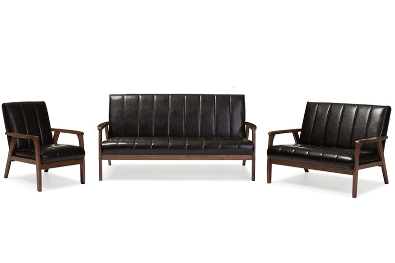 Nikko Living Room Set Mid-century Modern Scandinavian Style Black Faux Leather 3 Pieces