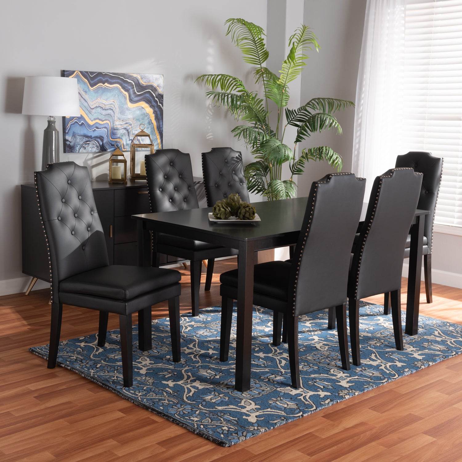 Dylin Dining Set Modern and Contemporary Black Faux Leather Upholstered and Dark Brown Finished Wood 7-Piece