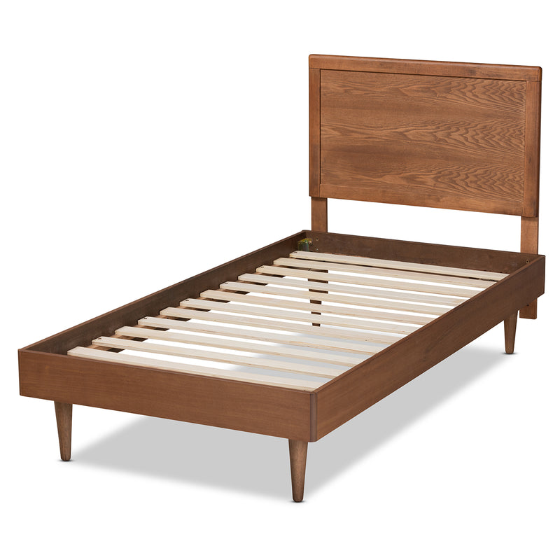 Hiro Twin Size Platform Bed in Mid-Century Walnut Brown Wood with Sleek Design and Sturdy Construction