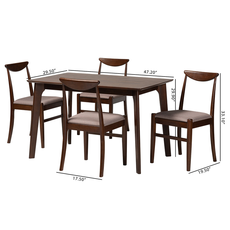 Delphina Dining Set Mid-Century Modern 5-Piece Collection with Warm Grey Fabric and Dark Brown Wood Finish