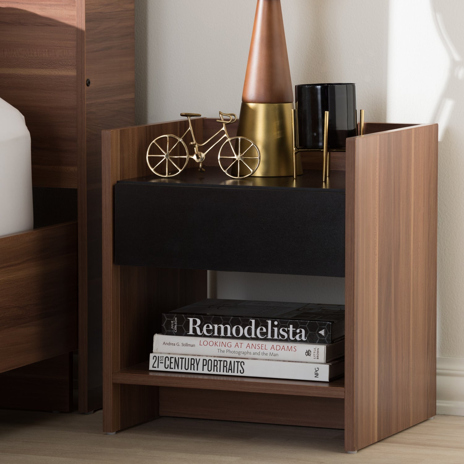 Vanda Nightstand - Modern Two-Tone Walnut and Black Wood Design with 1 Drawer for Bedroom Storage