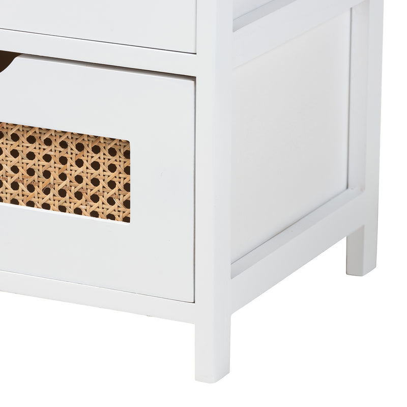 Bastian Storage Bench - Modern Light Beige Fabric with White Wood, 3 Drawers and Natural Rattan Accents for Stylish Organization