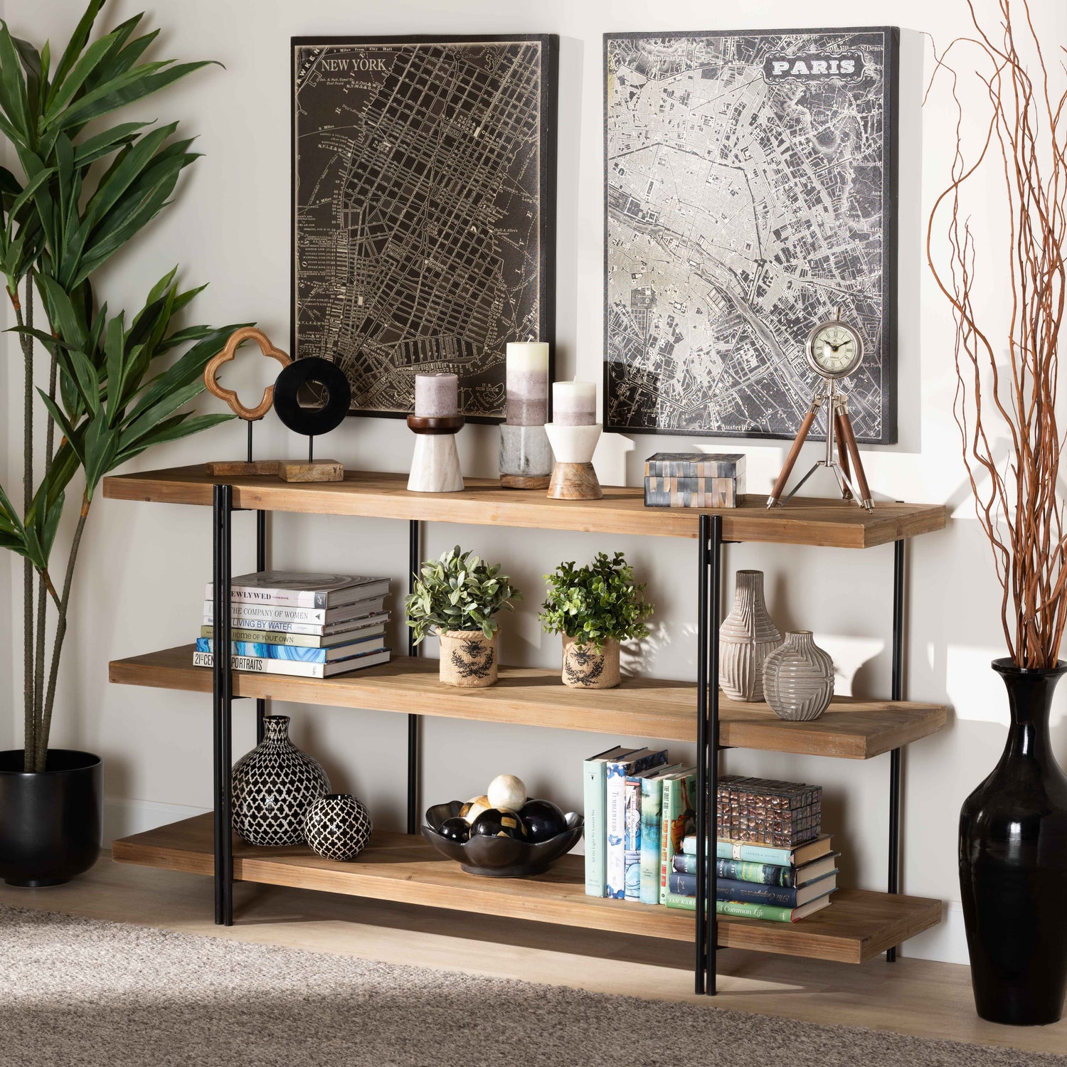 Tarah Console Table - Modern Rustic Industrial Design with Natural Brown Wood and Black Metal Accents