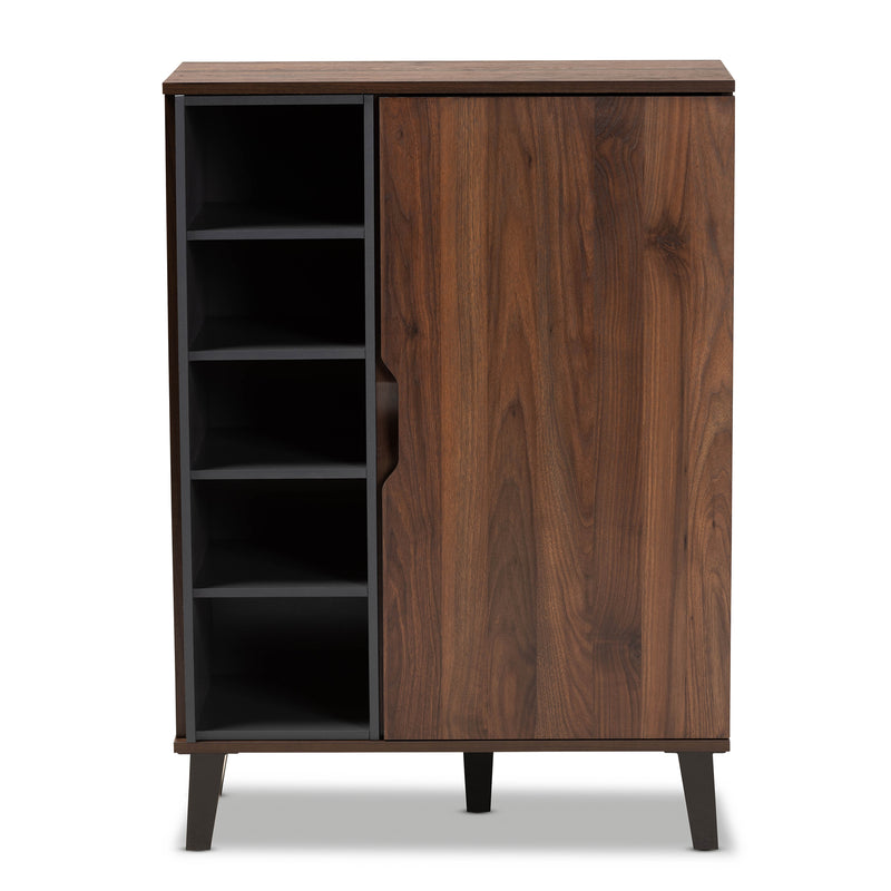 Idina Shoe Cabinet Mid-Century Modern Two-Tone Walnut Brown and Grey Finished Wood 1-Door