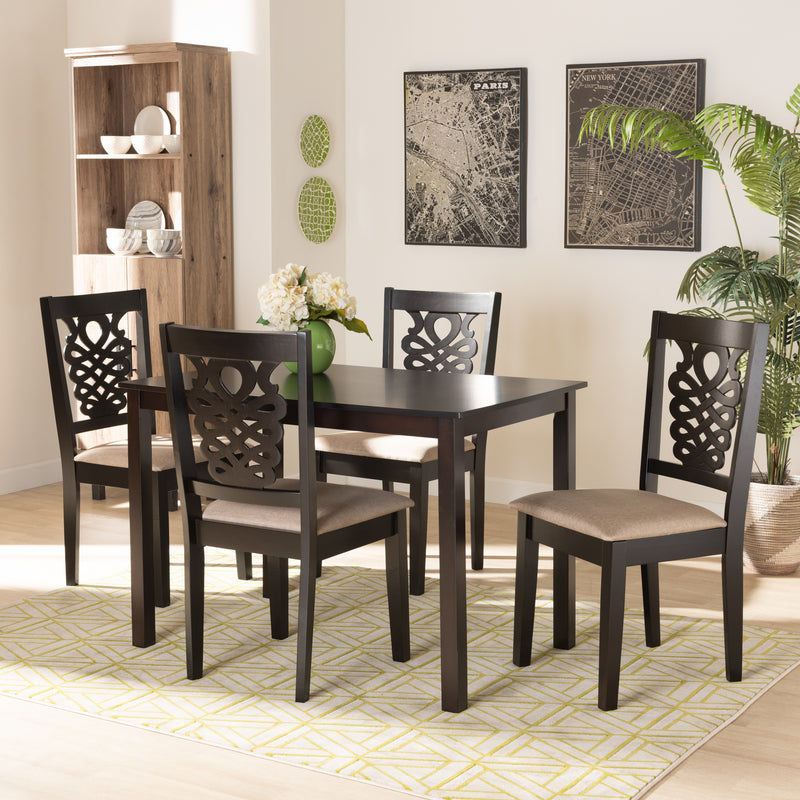 Gervais 5-Piece Dining Set Modern Sand Fabric Upholstered Chairs with Dark Brown Finished Wood Table