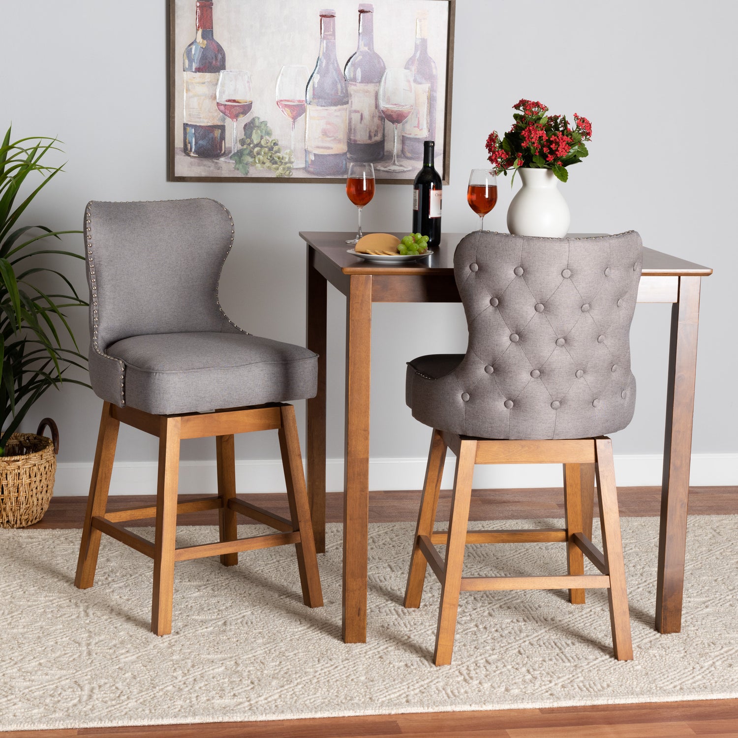 Gradisca Counter Stool Set Modern Grey Fabric and Walnut Brown Finished Wood 2-Piece