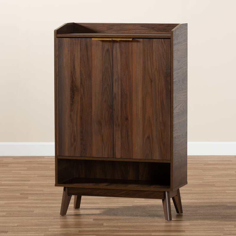 Lena Mid-Century Modern Shoe Cabinet Walnut Brown 5-Shelf Wood Entryway Storage for Organizing Footwear and Accessories