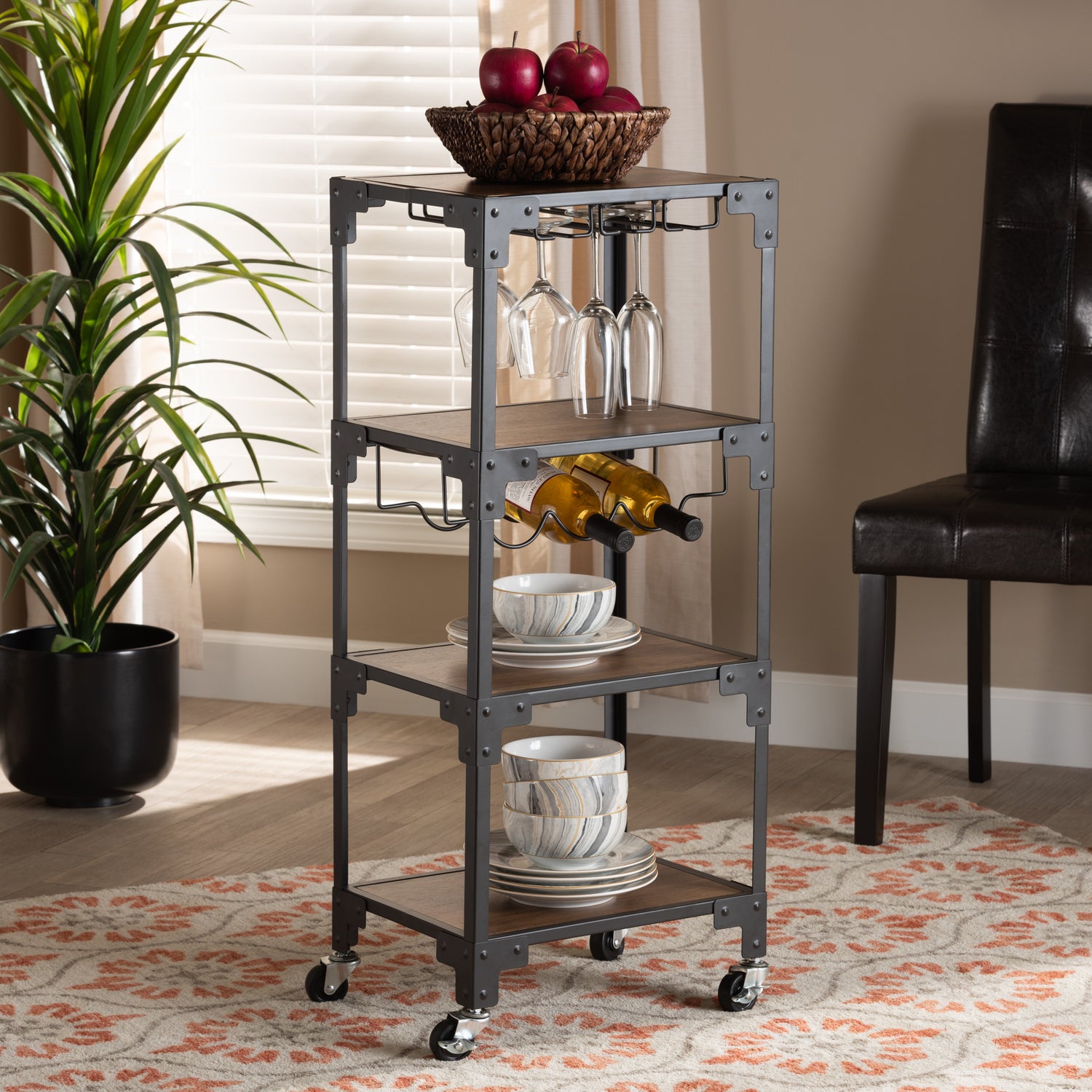 Victor Industrial 4-Tier Mobile Wine Cart - Rustic Walnut Wood and Black Metal Design for Stylish Storage and Display