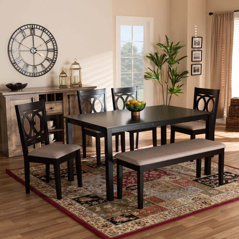 Bennett Dining Set Modern and Contemporary Grey Fabric Upholstered Dark Brown Finished Wood 6-Piece