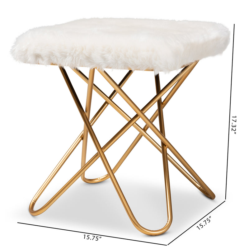 Valle Glam Luxe White Faux Fur Ottoman with Gold Metal Base Stylish Upholstered Accent Furniture for Living Room or Bedroom Decor