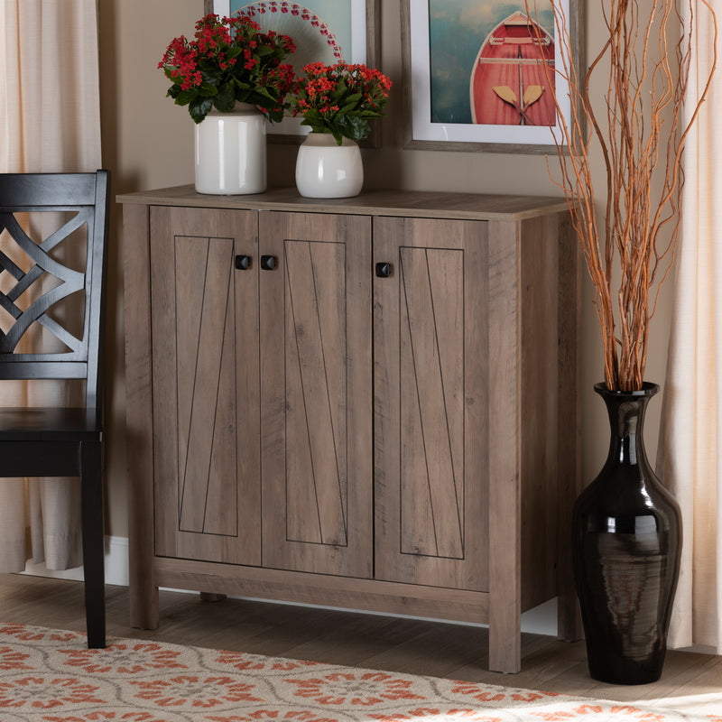 Derek Shoe Cabinet - Modern Rustic Oak Finished Wood with 3 Doors for Stylish Storage Solutions