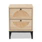 Ardon End Table Bohemian Light Brown Wood and Black Metal Design with 2 Drawers and Natural Rattan Accents