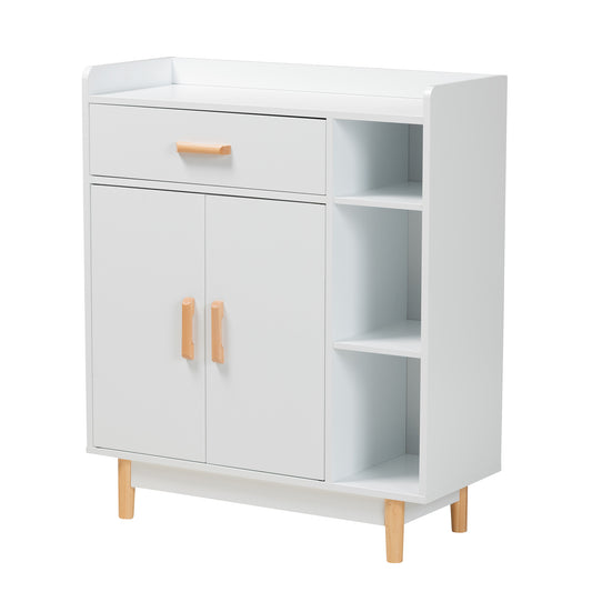 Russell Sideboard Mid-Century Modern Two-Tone White and Oak Wood 2-Door Storage Cabinet