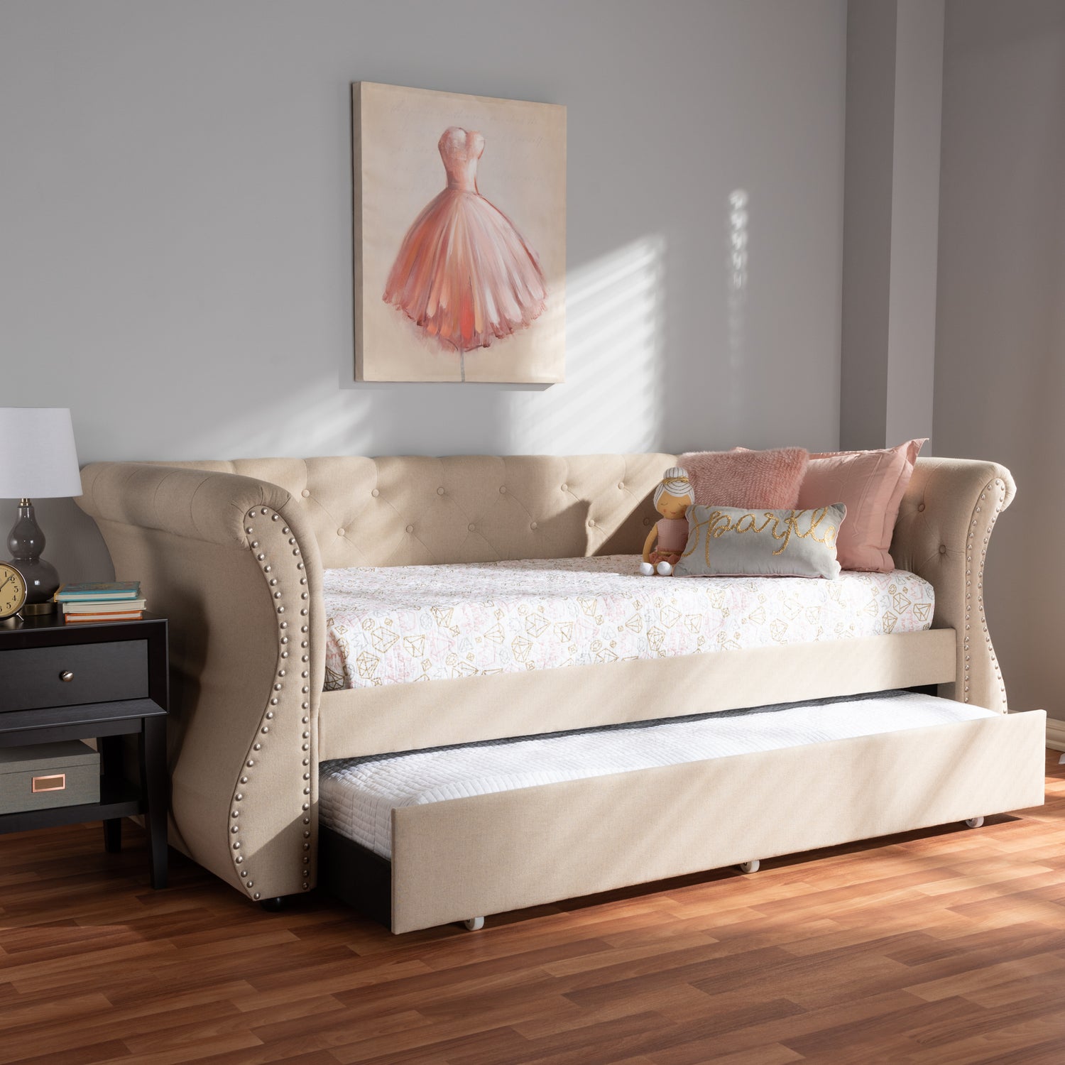 Cherine Daybed Classic Contemporary Beige Fabric Upholstered Design with Trundle for Versatile Sleeping Solutions