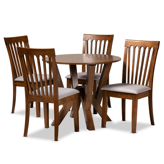 Marian 5-Piece Dining Set Modern Grey Fabric Upholstered Chairs with Walnut Brown Finished Wood Table