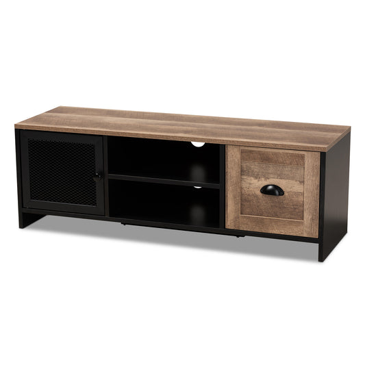 Connell TV Stand - Modern Industrial Design with Two-Tone Brown and Black Wood, Featuring 2 Doors for Storage