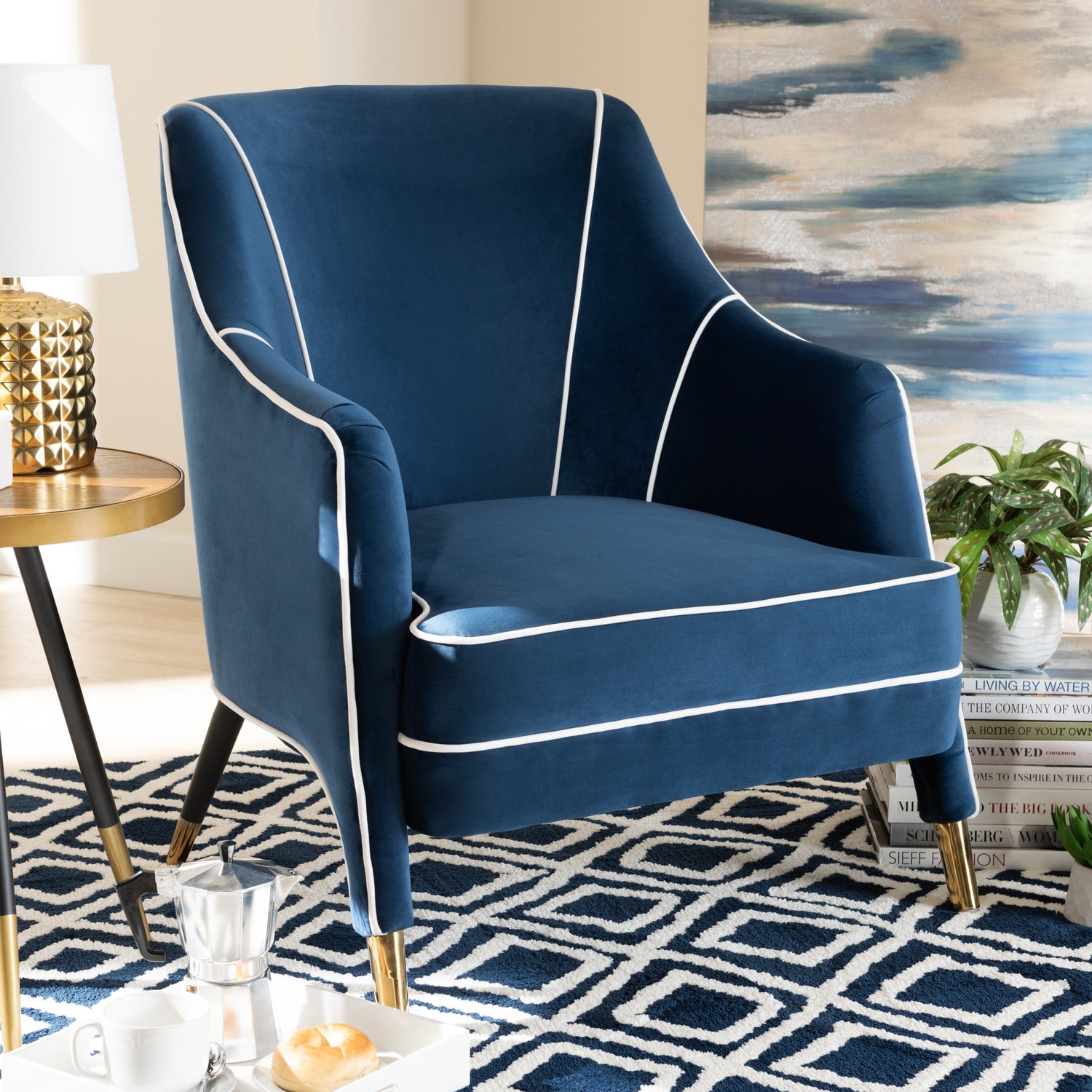 Ainslie Glam Luxe Armchair Navy Blue Velvet Upholstered Chair with Gold Finish for Elegant Living Room Decor