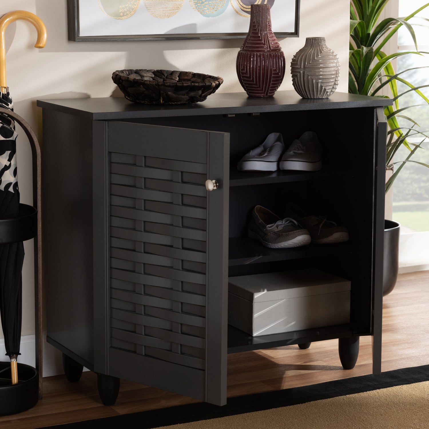 Winda Shoe Storage Cabinet Modern and Contemporary Dark Gray 2-Door Wooden Entryway