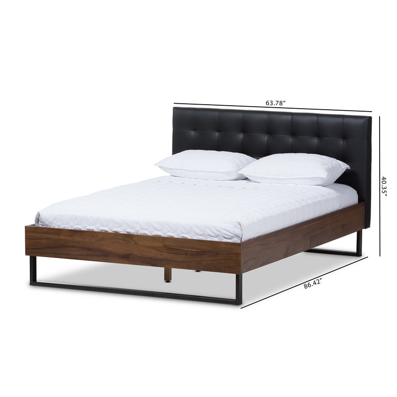 Mitchell Platform Bed - Rustic Industrial Walnut Wood with Black Faux Leather and Dark Bronze Metal