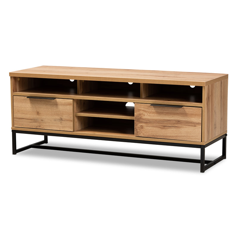 Reid TV Stand Modern Contemporary Industrial Design Oak Finished Wood Black Metal 2 Drawers for Storage