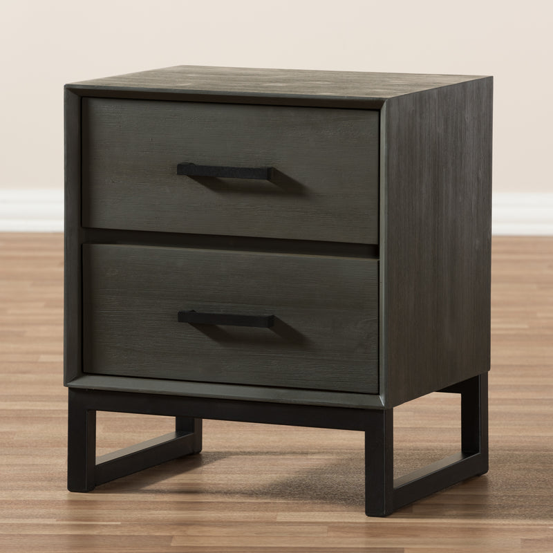 Parris Nightstand Rustic Grey Wood and Black Metal 2-Drawer Bedroom Furniture with Modern Design