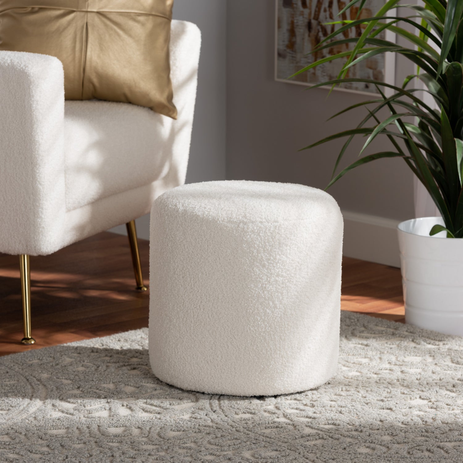 Tori Modern Ottoman in Ivory Boucle Upholstery for Stylish Living Room Decor