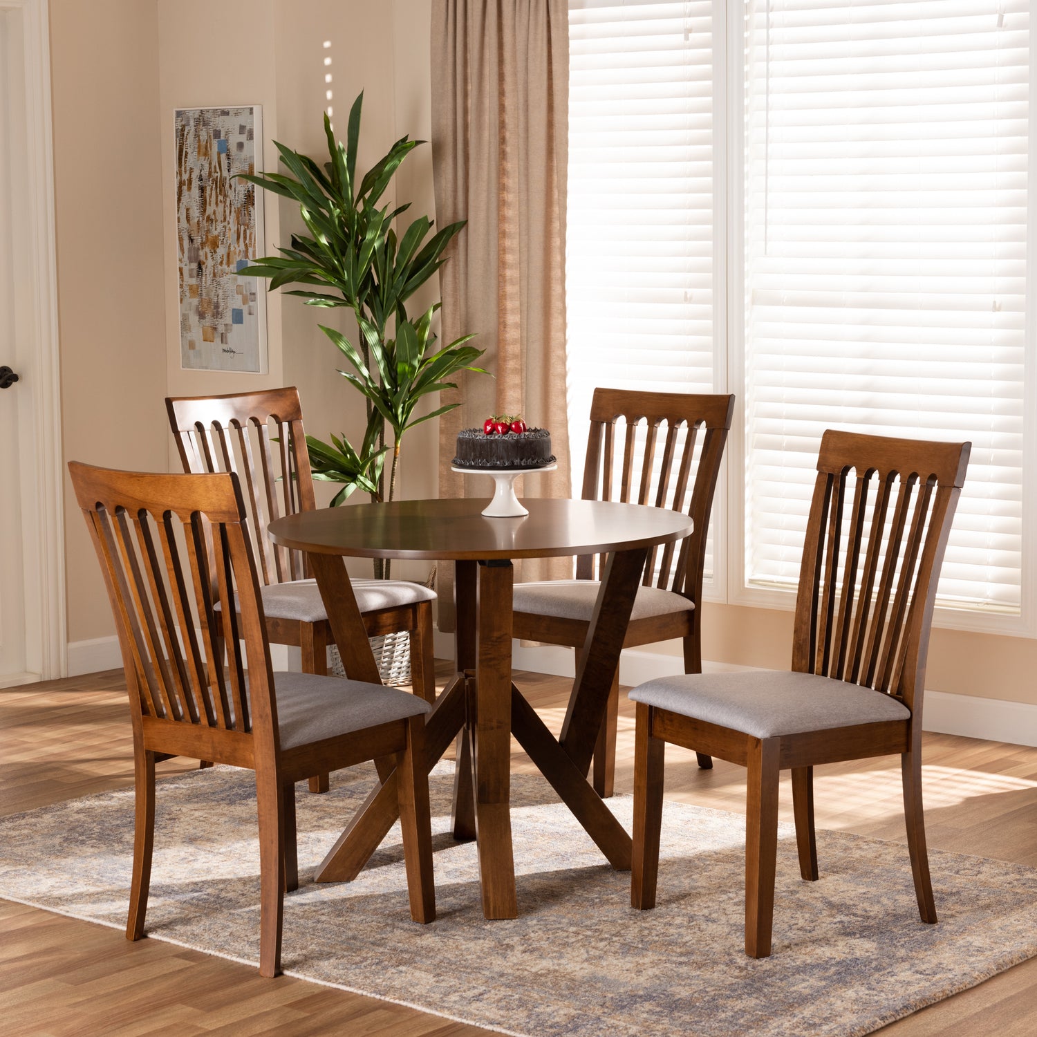 Marian 5-Piece Dining Set Modern Grey Fabric Upholstered Chairs with Walnut Brown Finished Wood Table