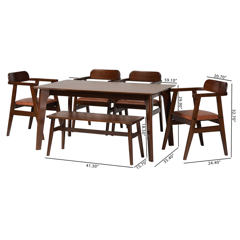 Cleo Dining Set Mid-Century Modern 6-Piece Collection with Light Brown Fabric and Dark Brown Wood for Stylish Dining Rooms