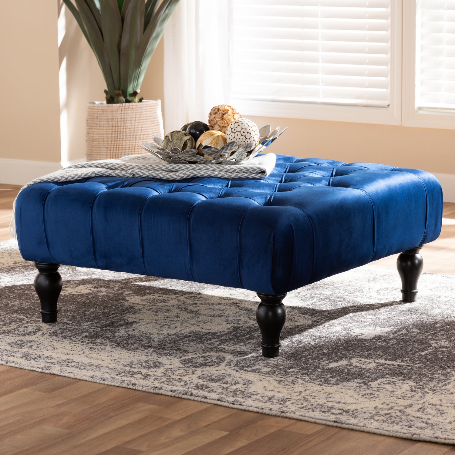 Keswick Ottoman Blue Velvet Fabric Upholstered Button Tufted Cocktail