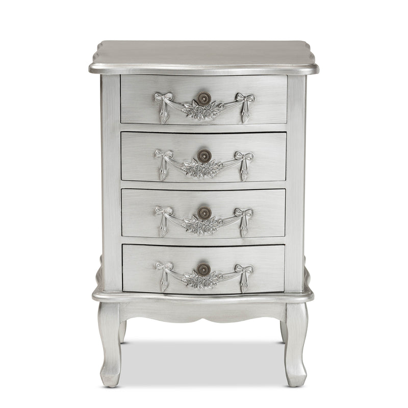 Callen End Table Classic and Traditional Brushed Silver Finished Wood 4-Drawer