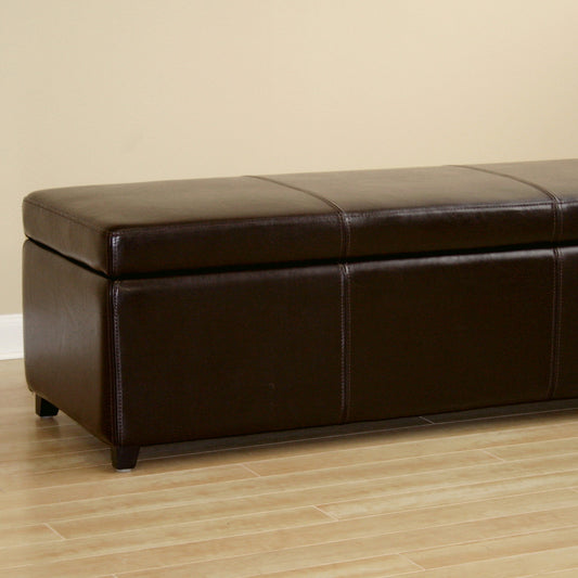 Dark Brown Faux Leather Storage Bench Ottoman with Elegant Stitching and Generous Storage Space