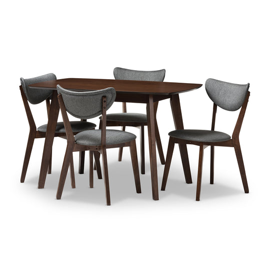 Hadrea 5-Piece Mid-Century Modern Dining Set with Walnut Finish and Dark Grey Fabric Upholstery