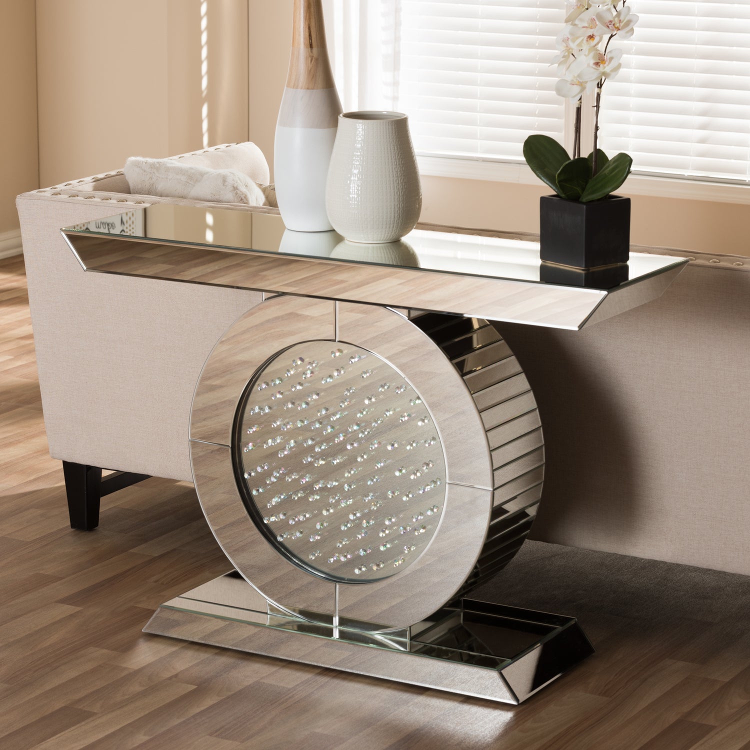 Cagney Mirrored Console Table in Hollywood Regency Style with Elegant Design and Chic Finish