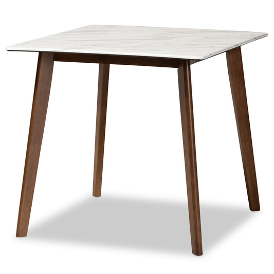 Kaylee Dining Table Mid-Century Modern Design in Walnut Brown Wood with Faux Marble Top for Stylish Dining Spaces