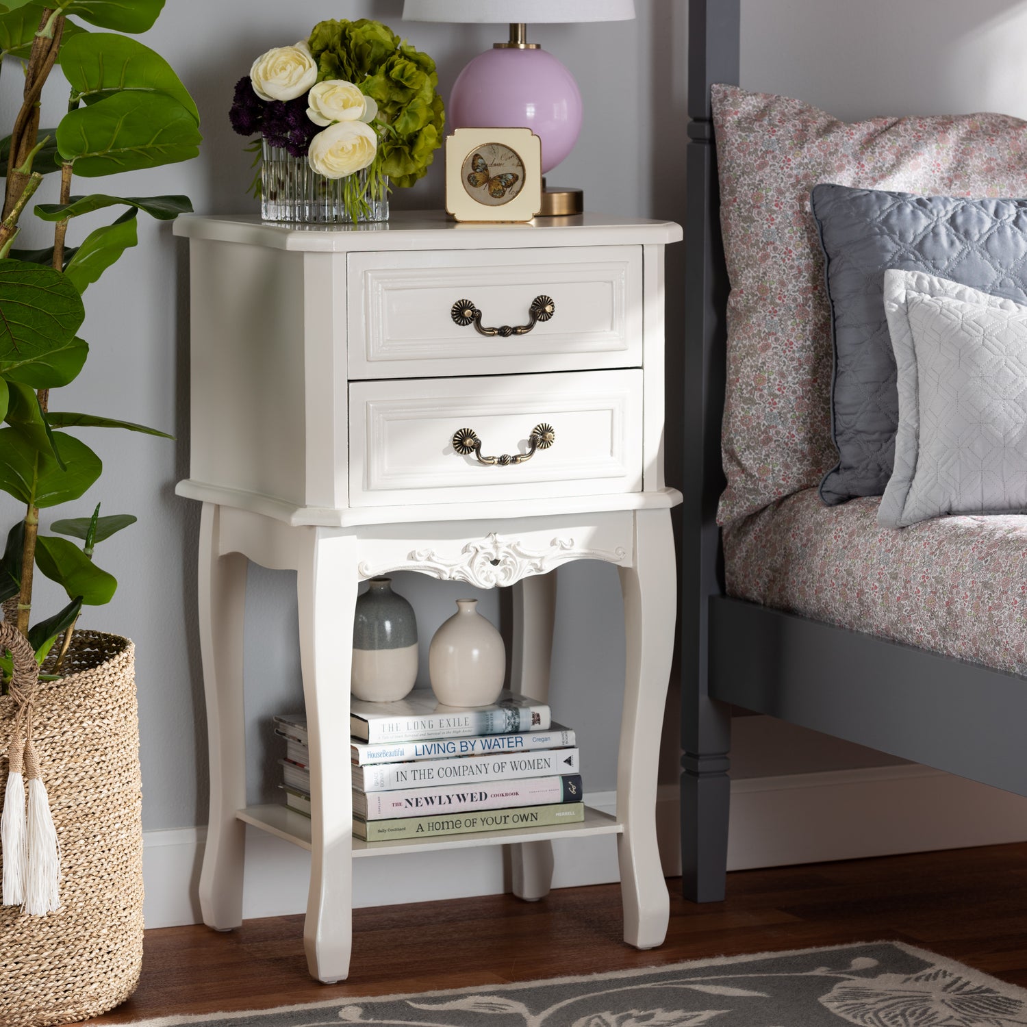 Gabrielle End Table Traditional French Country Design with White Finish and 2 Drawers