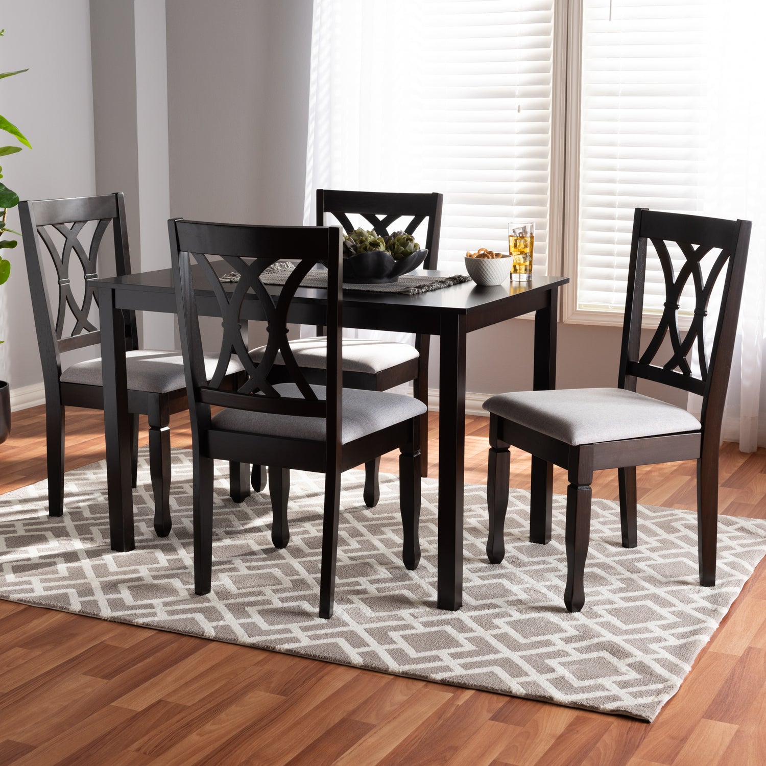 Reneau Dining Set Modern Contemporary Gray Fabric Upholstered Espresso Brown Finished Wood 5-Piece