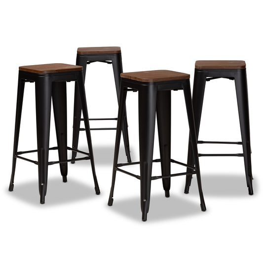 Horton Bar Stool Set Modern and Contemporary Black Metal and Walnut Brown Finished Wood 4-Piece