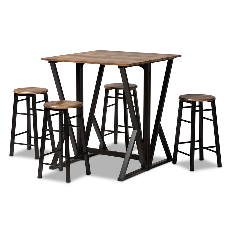 Richard Industrial Pub Set Rustic Walnut Finished Wood and Black Metal 5-Piece Dining Set with Extendable Tabletop for Modern Decor