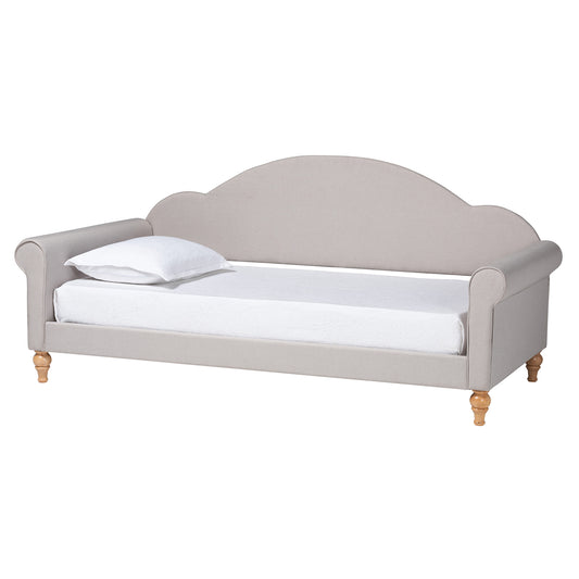 Chaise Classic Twin Size Daybed in Light Grey Fabric with Natural Brown Wood Finish - Elegant Design for Any Room