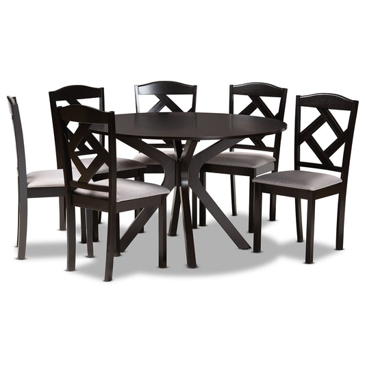 Carlin Dining Set Modern Transitional Grey Fabric Upholstered Dark Brown Finished Wood 7-Piece